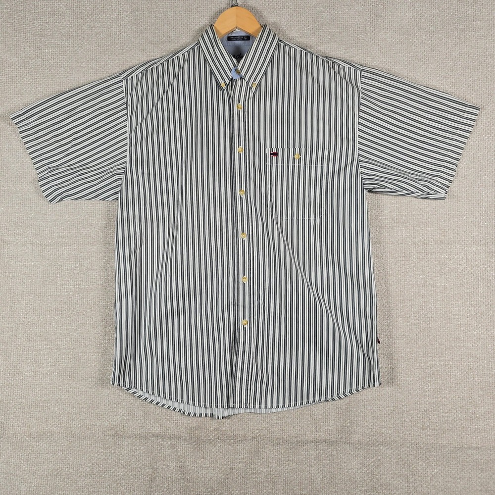 BB Classics Mens Large Short Sleeve Button Down Shirt Striped Black White Cotton